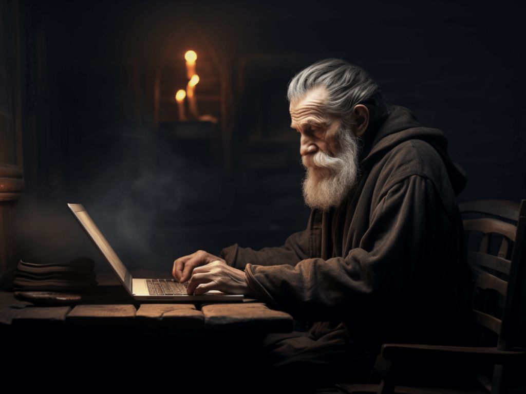 An elder monk deeply engrossed in writing on a laptop, with a single candle illuminating the dark room, symbolising the timeless journey of expression over perfection in blogging