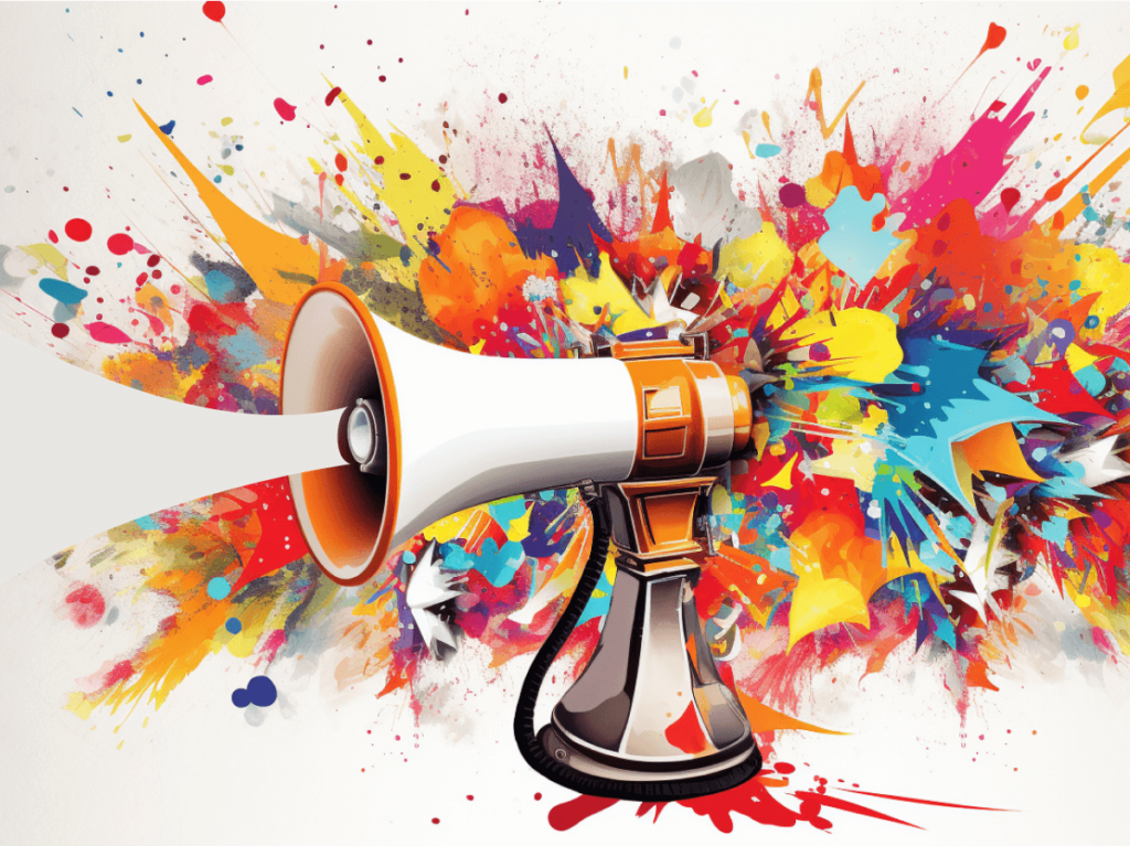 A megaphone against a burst of vibrant, abstract colours, symbolising the explosion of unique content creation in the blogging world