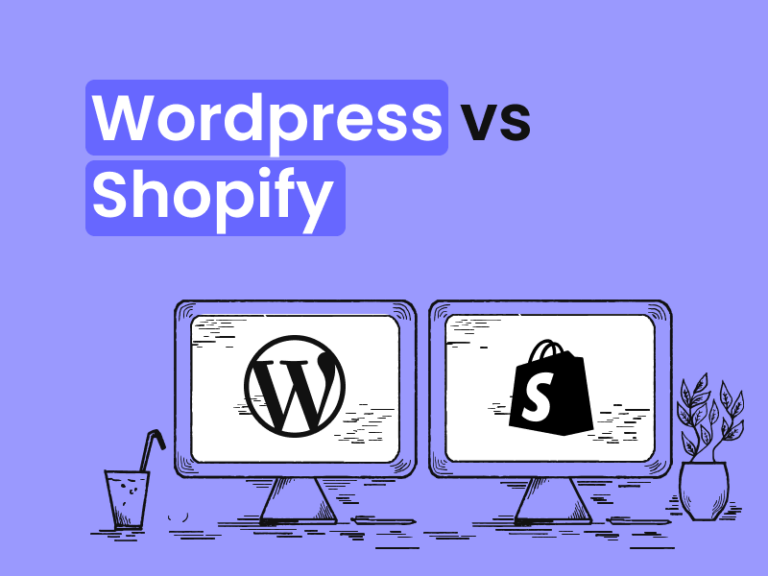 Graphic comparison of WordPress and Shopify with their logos displayed on computer monitors, highlighting the debate for online store management