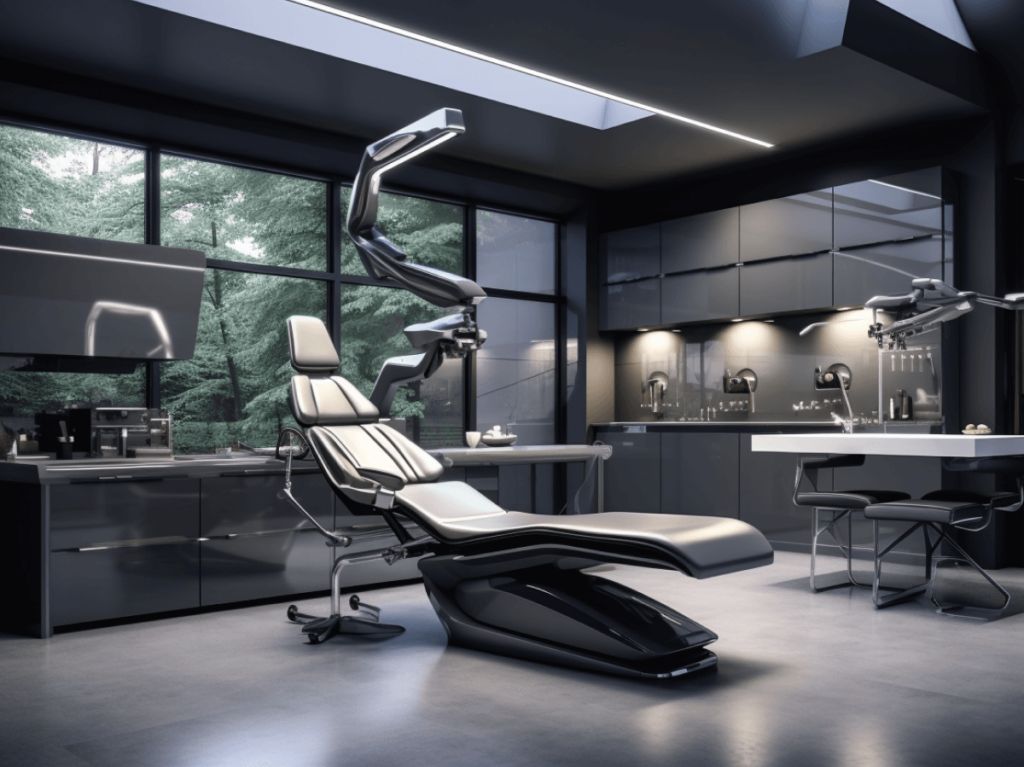 Modern dental clinic interior with state-of-the-art equipment surrounded by serene nature views, embodying advanced dental SEO techniques