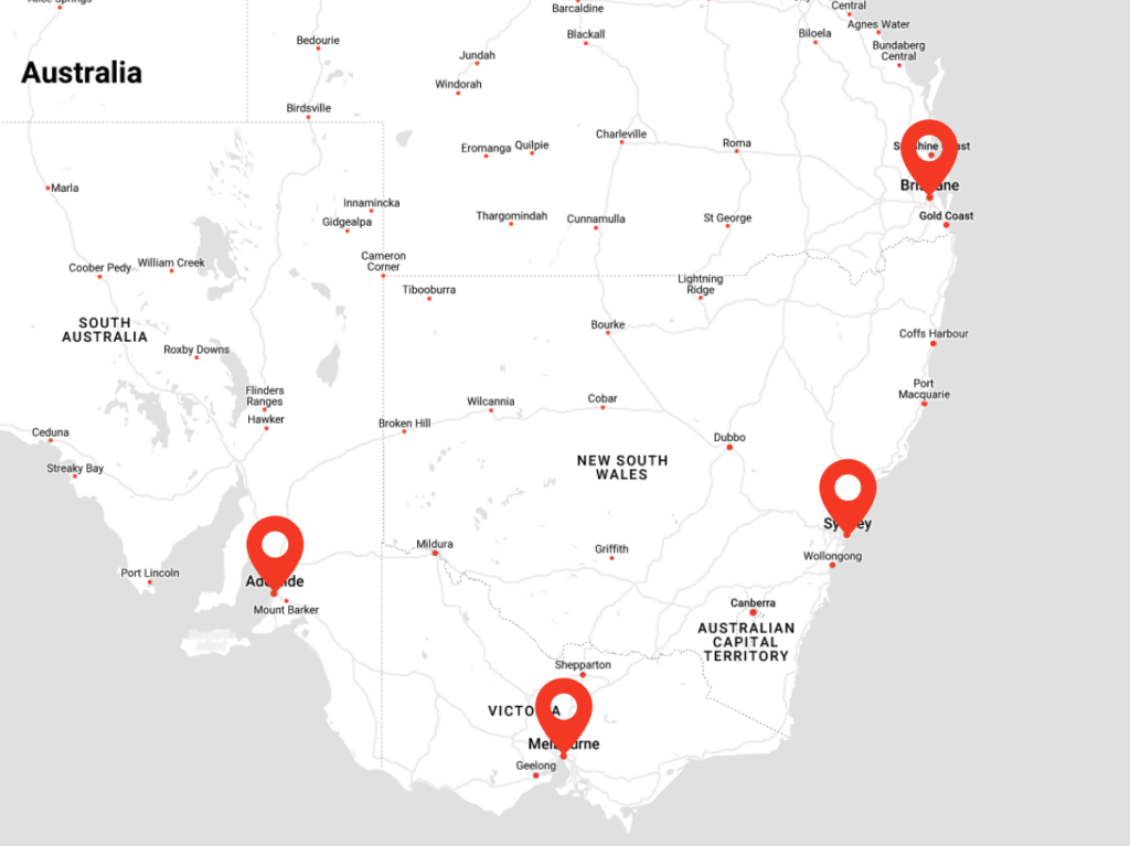 A map of Australia highlighting locations of dental clinics with red pins in major cities