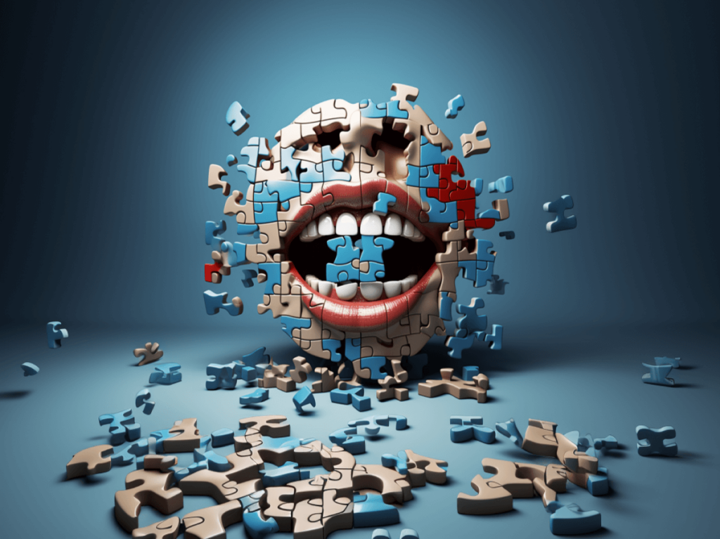 A jigsaw puzzle forming a mouth with missing pieces, symbolising the process of optimising dental SEO strategies