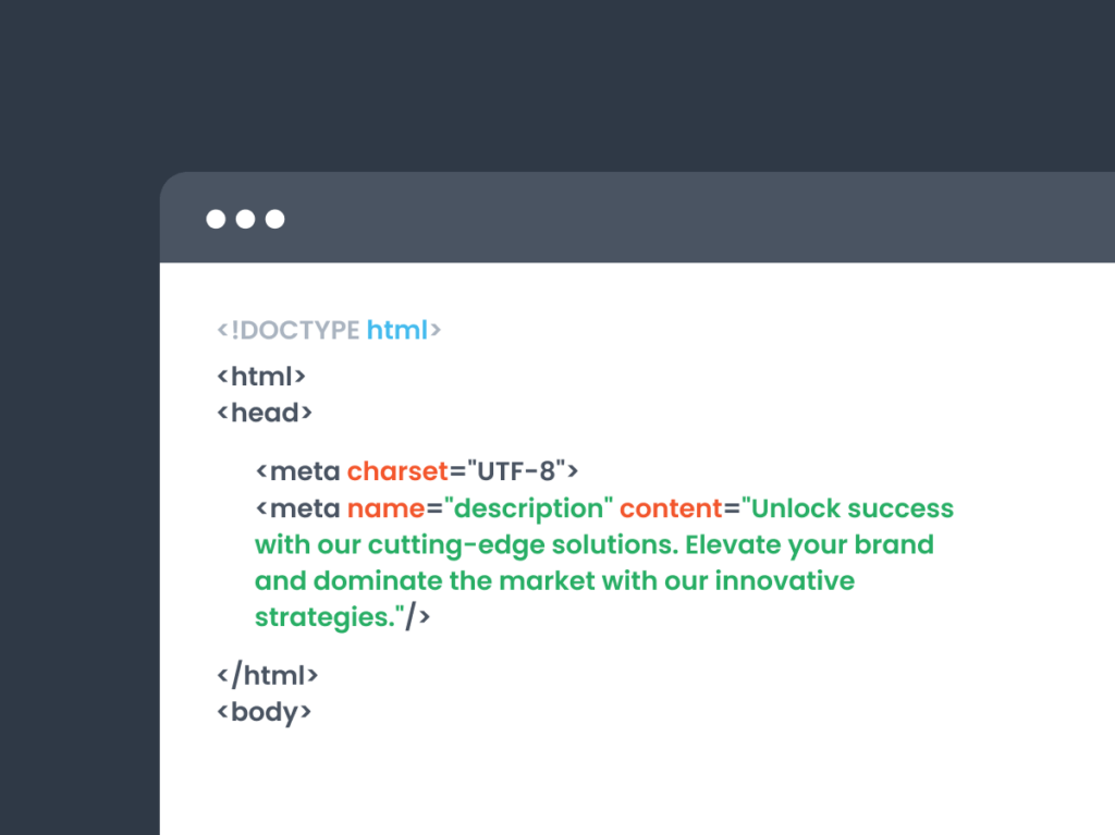 HTML code snippet showing a meta description tag for web optimisation