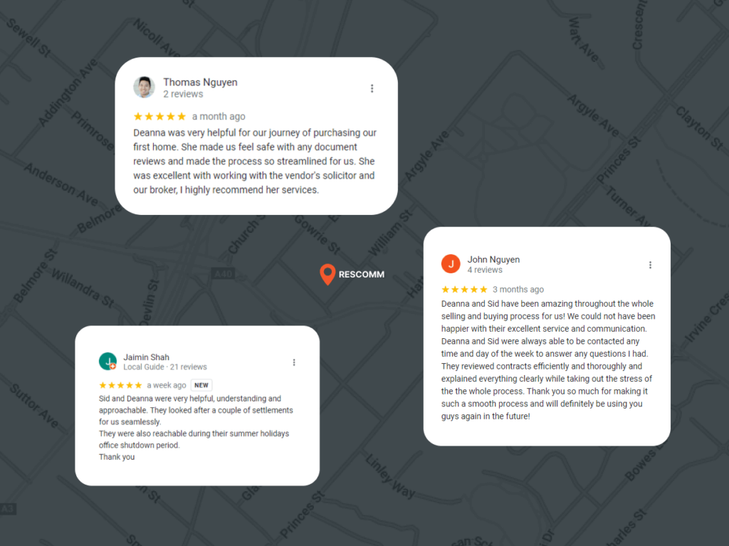 Google map highlighting a law firm's location with overlay of positive client testimonials