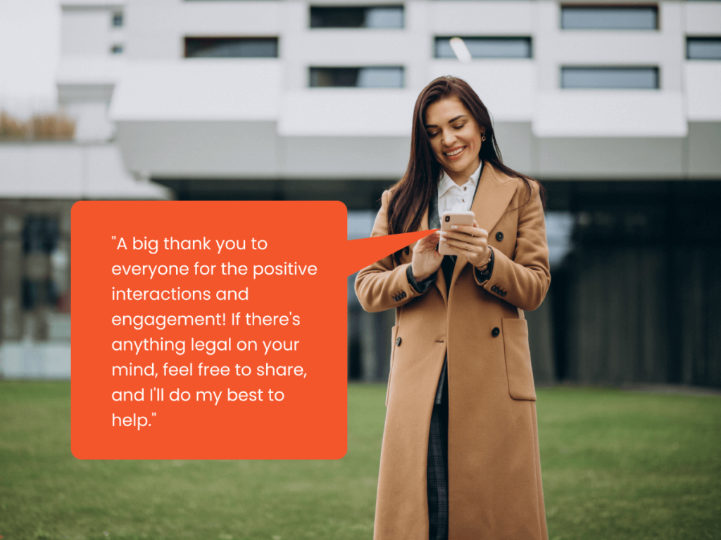 Smiling lawyer using a smartphone, interacting with clients through social media