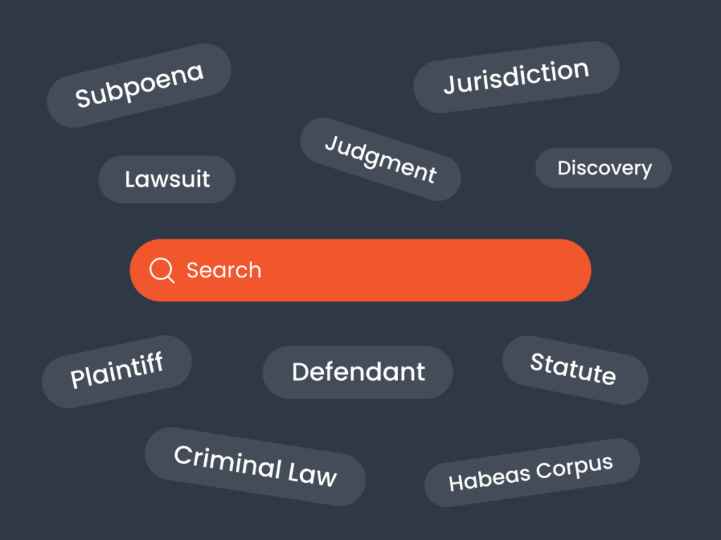 Computer screen displaying a search engine interface with legal terms such as subpoena, jurisdiction, and criminal law
