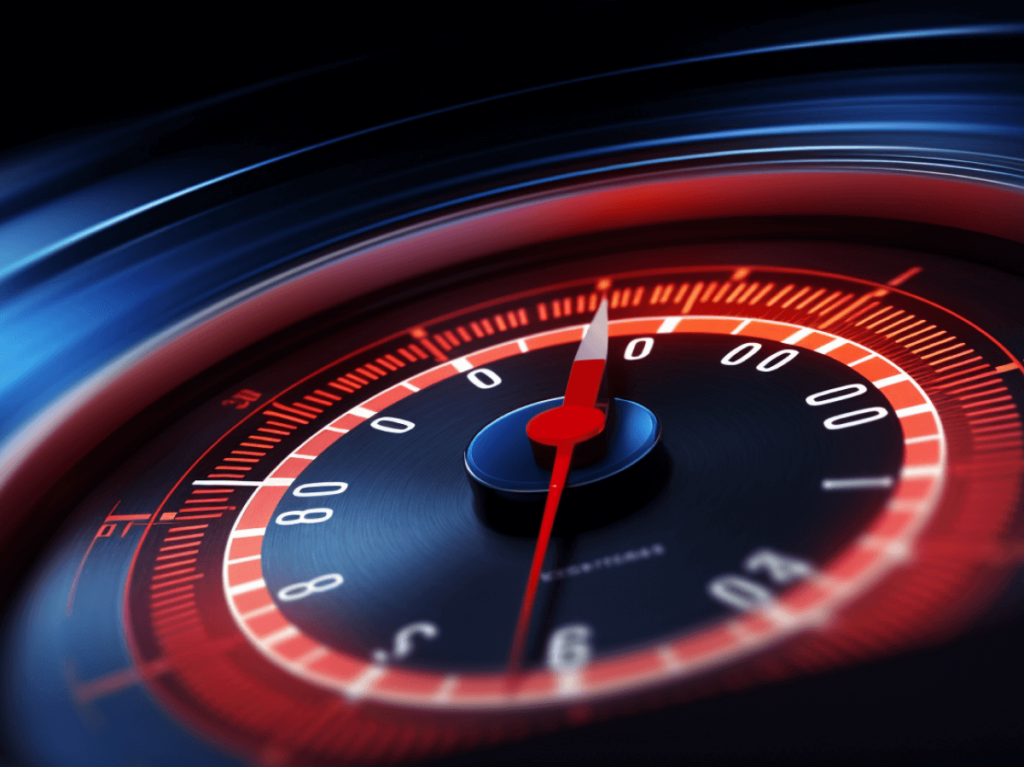 Close-up of a speedometer indicating high speed, symbolising fast website loading times for law firms