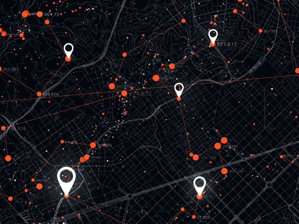 Digital map highlighting local businesses with location pins and connective lines indicating local SEO network