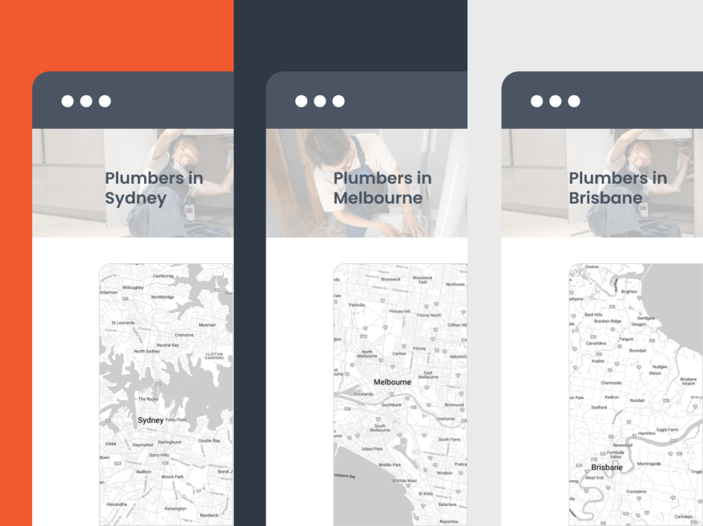Screenshots of location-based landing pages for plumbers in Sydney, Melbourne, and Brisbane, each featuring a unique map