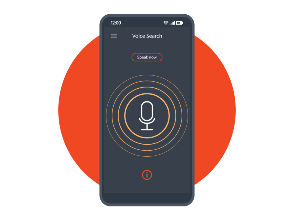 Graphic representation of a voice search interface on a mobile device with a central microphone icon and concentric soundwave lines.