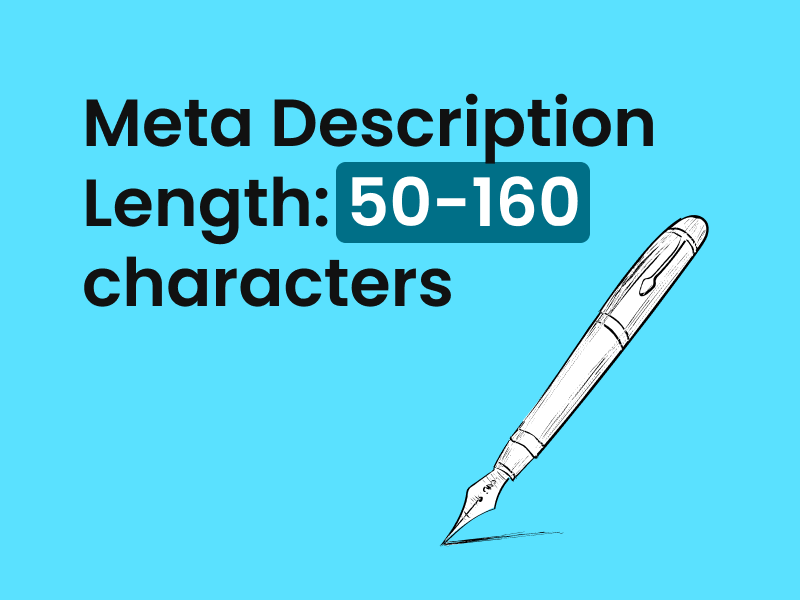 Image showing a pen with text indicating the ideal meta description length of 50-160 characters