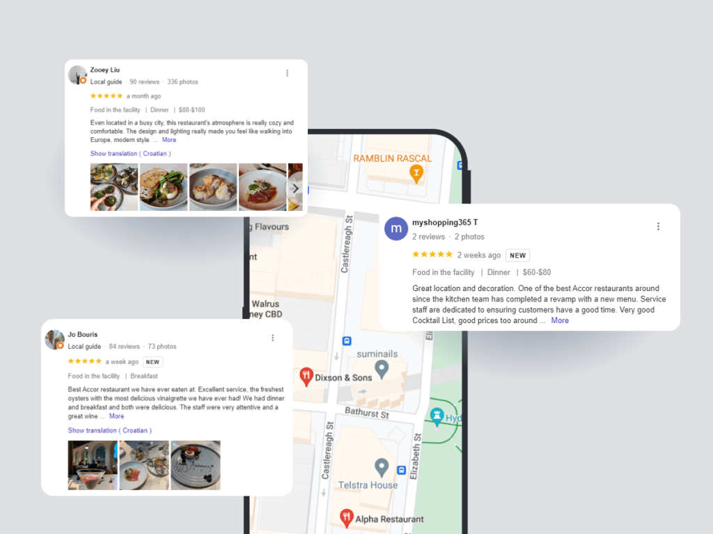 Smartphone screens displaying positive customer reviews and a local map, highlighting the influence of online reviews on local SEO