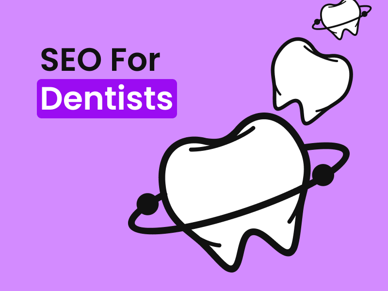 Cartoon teeth symbolising SEO for dentists on a purple background