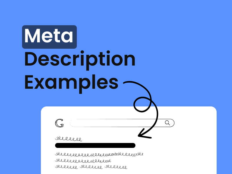 Illustration of a Google search bar with the heading 'Meta Description Examples' highlighted