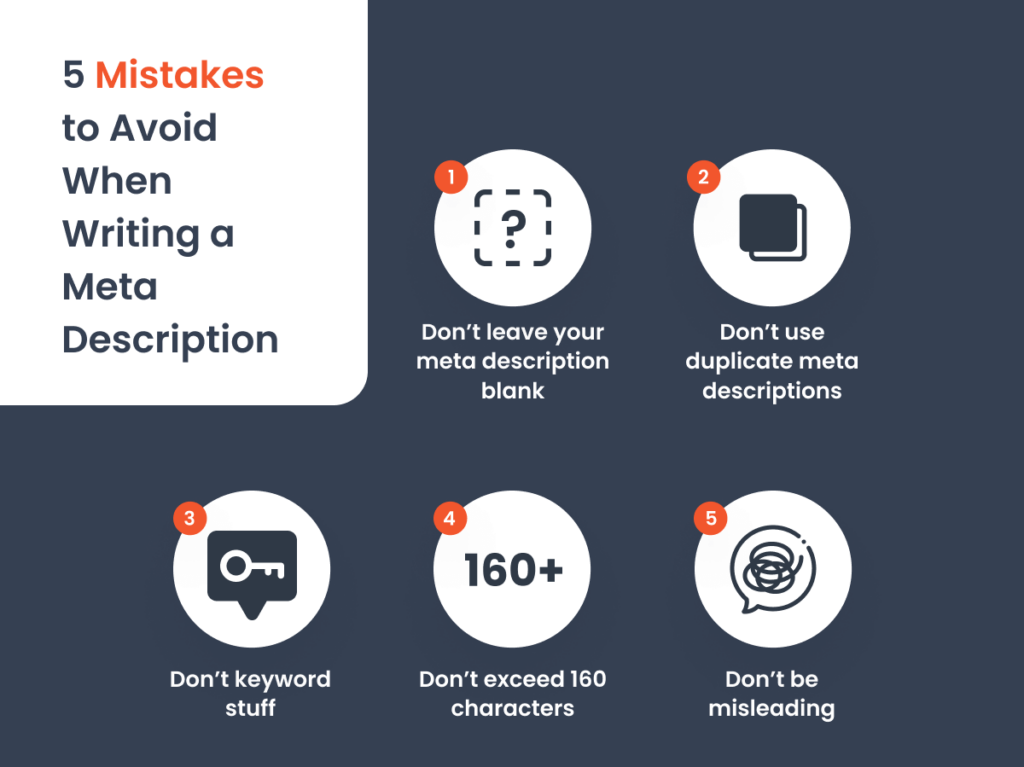 Infographic outlining five key mistakes to avoid in meta description writing for SEO