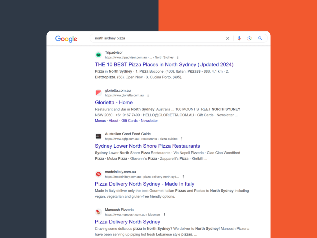 A screenshot of Google search results for 'north sydney pizza', highlighting the effectiveness of local keyword targeting