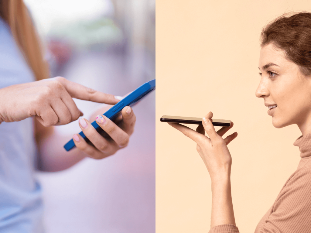 Split image comparison of a person typing on a blue smartphone versus another person speaking into a black smartphone, highlighting the shift to voice search.