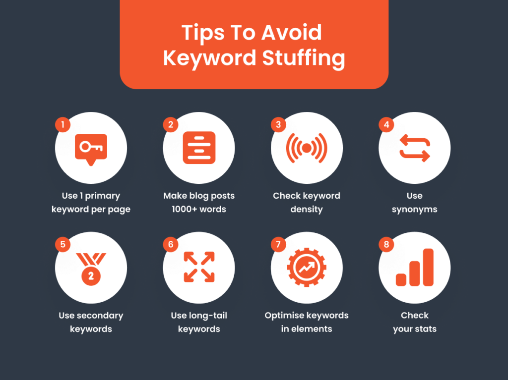 Infographic with eight tips for using keywords effectively without stuffing