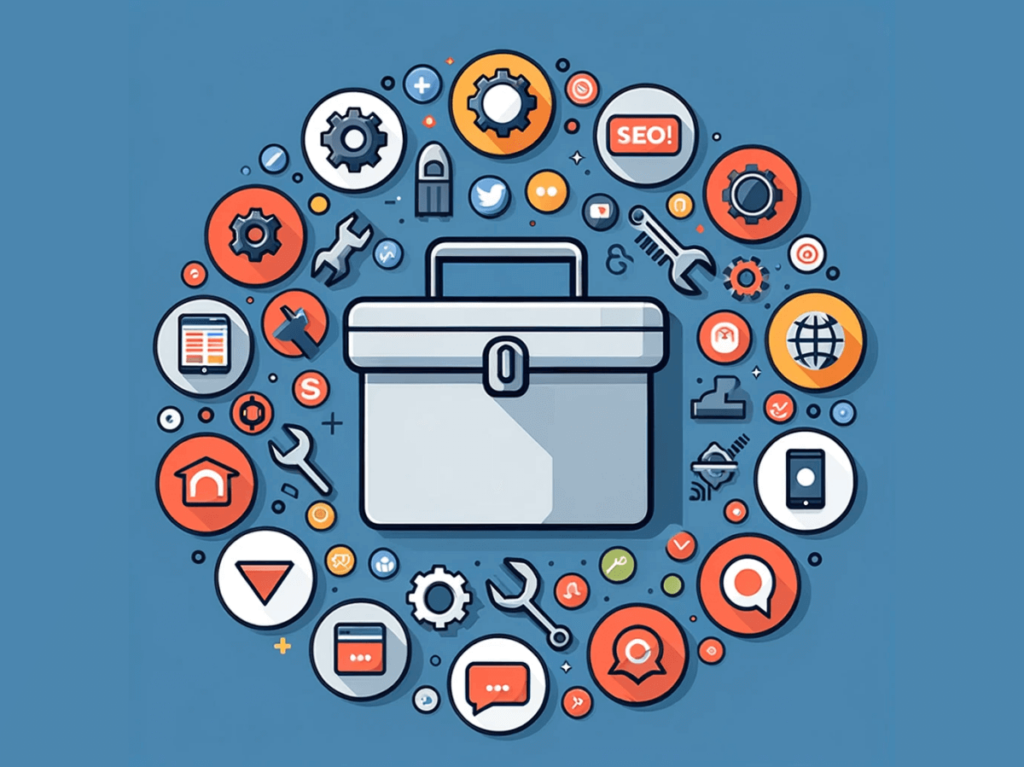 A graphic of a toolbox surrounded by icons for SEO, social media, and digital marketing, representing the essential online tools for tradesmen