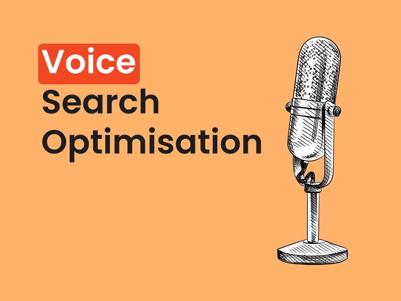 Vintage microphone illustration with the text "Voice Search Optimisation" on a warm orange background, symbolising the focus on voice search in SEO.