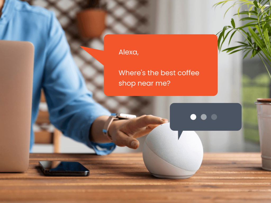 Person using a voice assistant device to ask for the best coffee shop nearby, highlighting the use of voice search for local queries