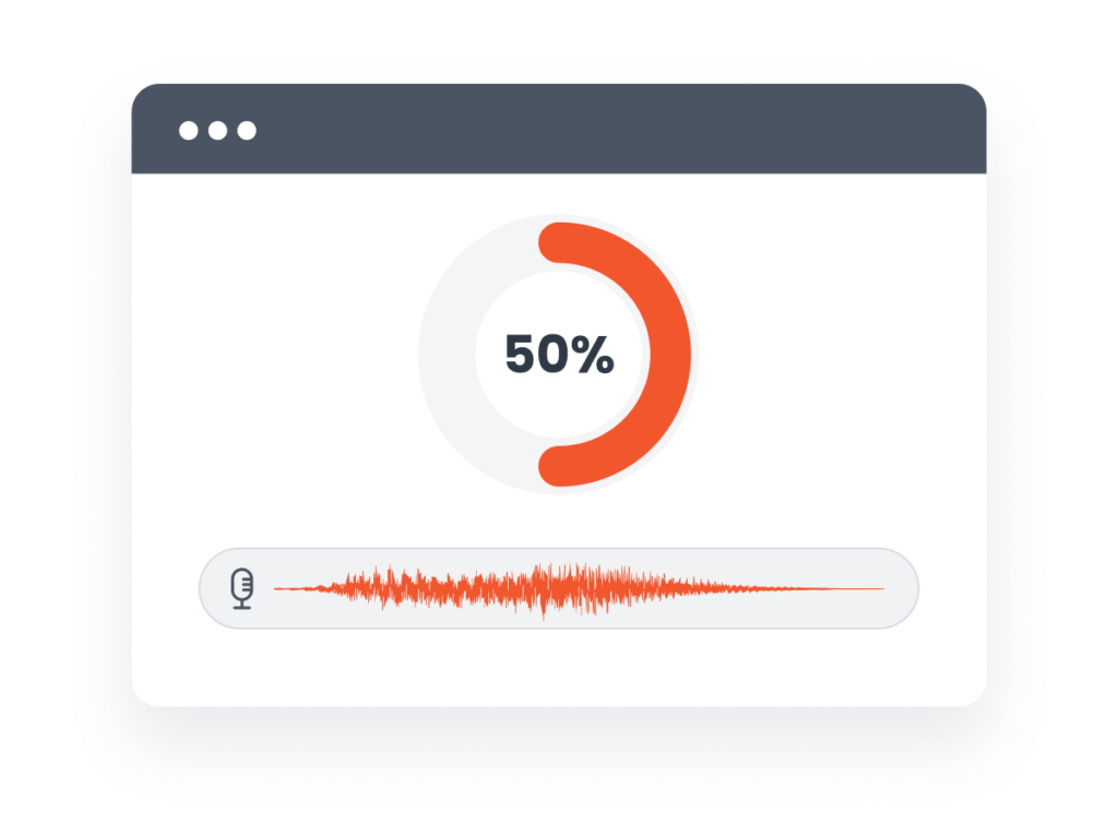 Infographic displaying a 50% completion progress indicator alongside a voice waveform, representing the growth of voice search in digital queries.