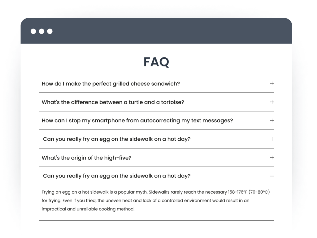 Screenshot of an FAQ section on a website with questions about everyday topics, demonstrating the value of answering common queries for voice search optimisation.