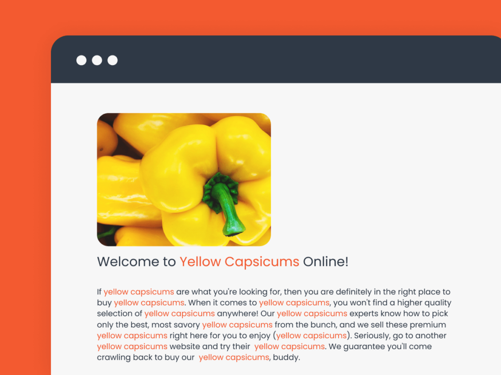 Screenshot of a webpage showing excessive repetition of the phrase "yellow capsicums"
