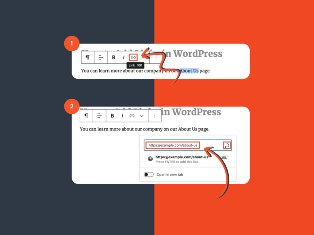 Step-by-step insertion of a hyperlink in WordPress, demonstrating linking to an 'About Us' page