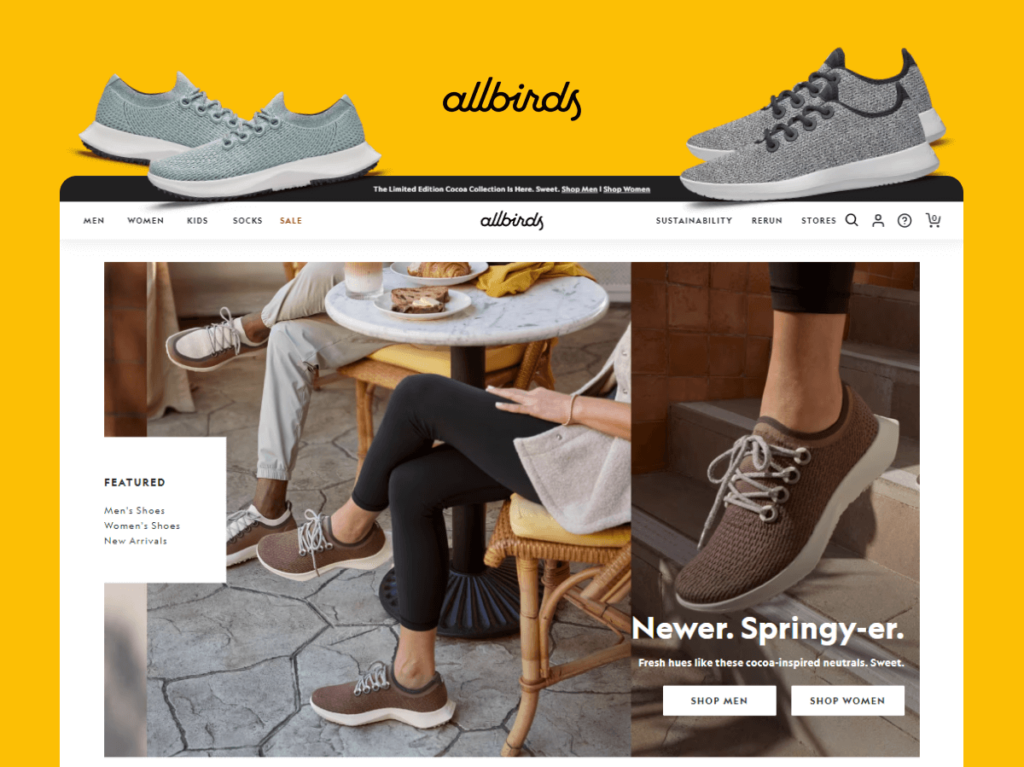 Screenshot of Allbirds' homepage featuring their sustainable shoe collection in an inviting, warm setting