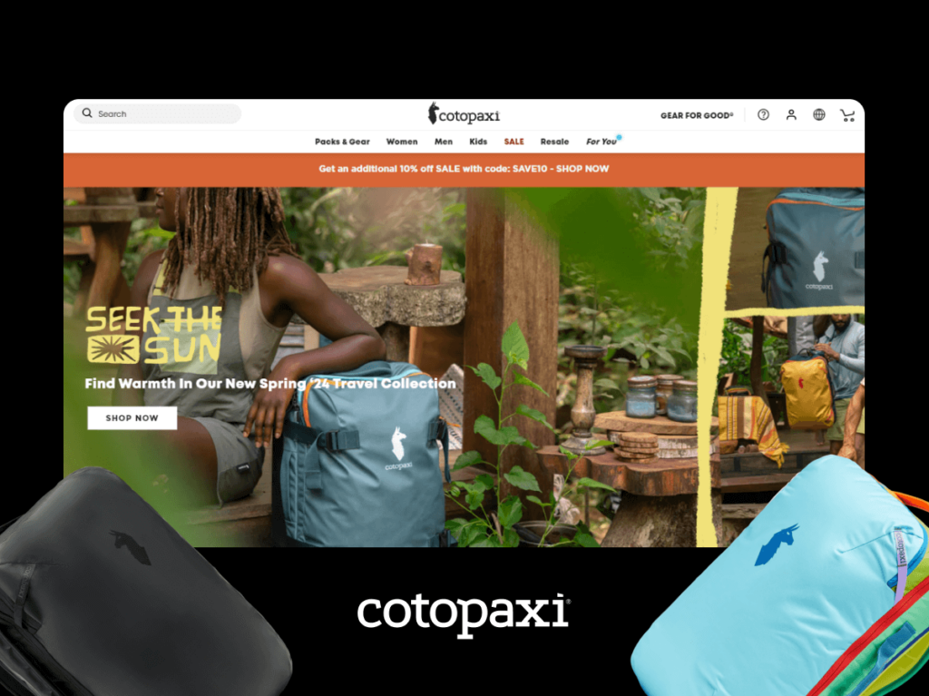 Screenshot of the Cotopaxi store highlighting their Spring Travel Collection, reflecting their commitment to social causes