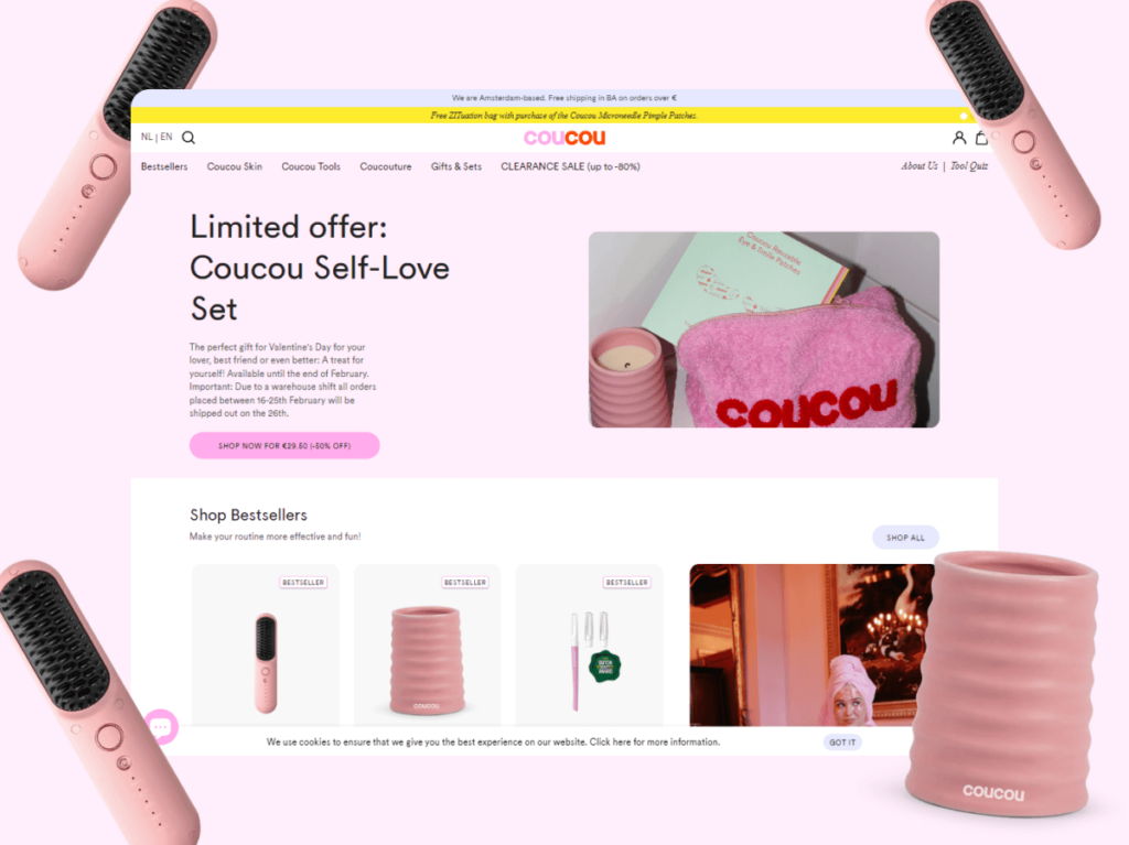 Screenshot of The Coucou Club's vibrant website with their featured Self-Love Set