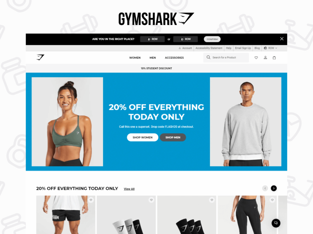 Screenshot of Gymshark's homepage showcasing a 20% off sale with images of fitness apparel for both women and men