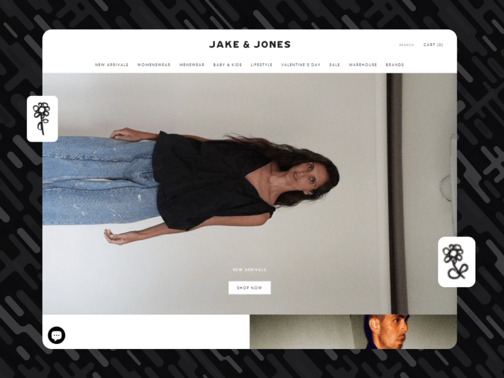 Screenshot of the Jake and Jones fashion store showcasing a model in casual wear, embodying their unique designer range