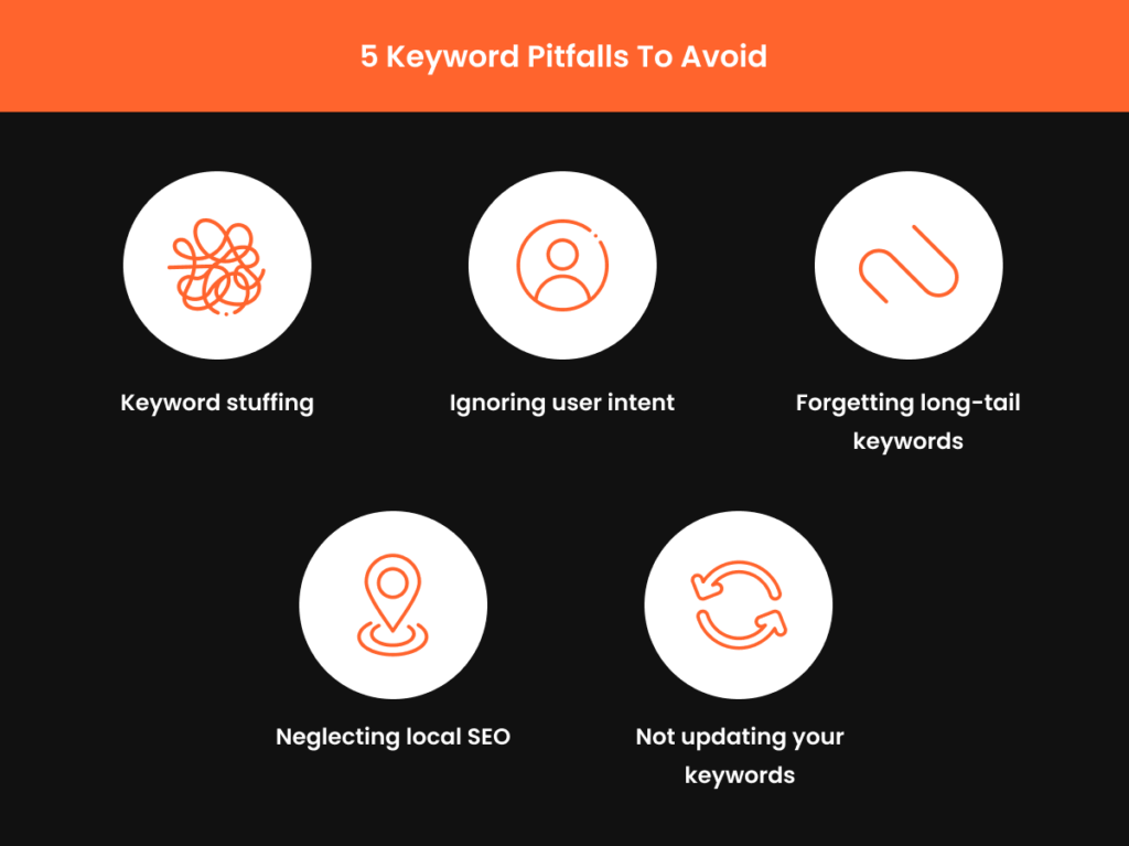 Infographic highlighting five key pitfalls to avoid in keyword strategy, such as keyword stuffing and ignoring user intent