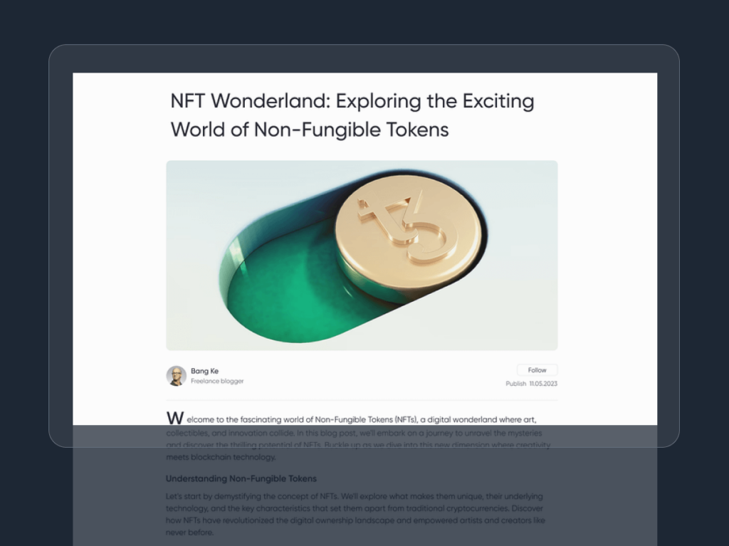 Screenshot of a blog post titled 'NFT Wonderland: Exploring the Exciting World of Non-Fungible Tokens' on a digital device