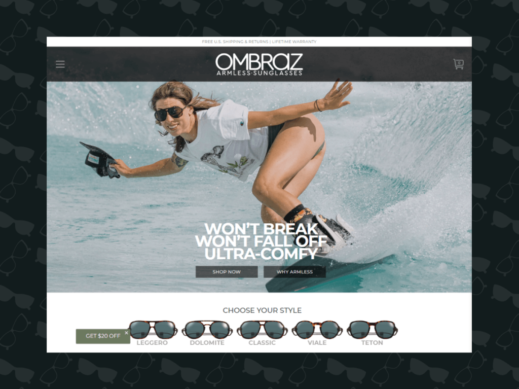 Action shot of a surfer wearing Ombraz armless sunglasses
