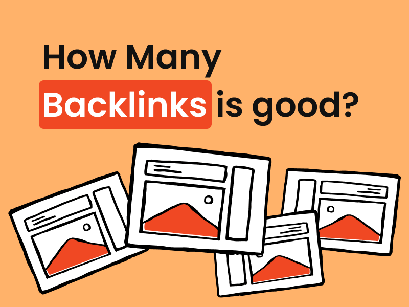 Illustration of multiple web pages with the text "How Many Backlinks is good?" questioning the optimal number of backlinks for effective SEO