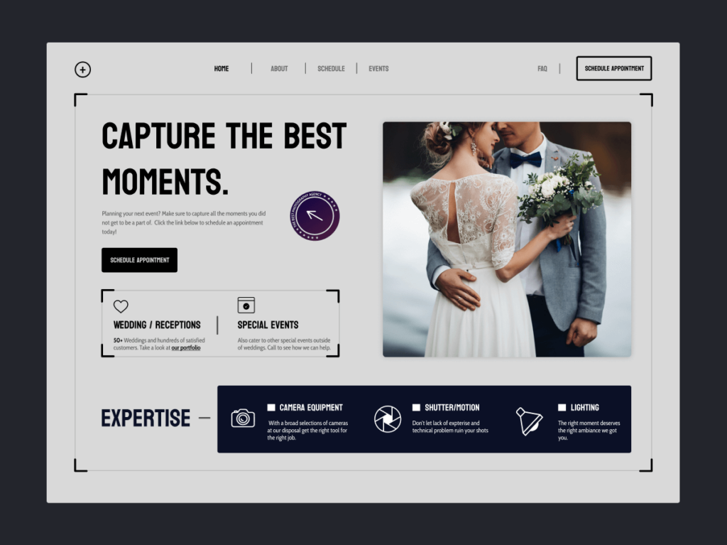 A sample wedding photography website highlighting services, expertise, and the importance of a user-friendly interface