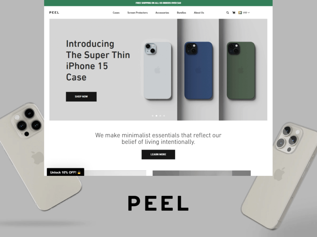 Peel's landing page showcasing their ultra-thin iPhone cases