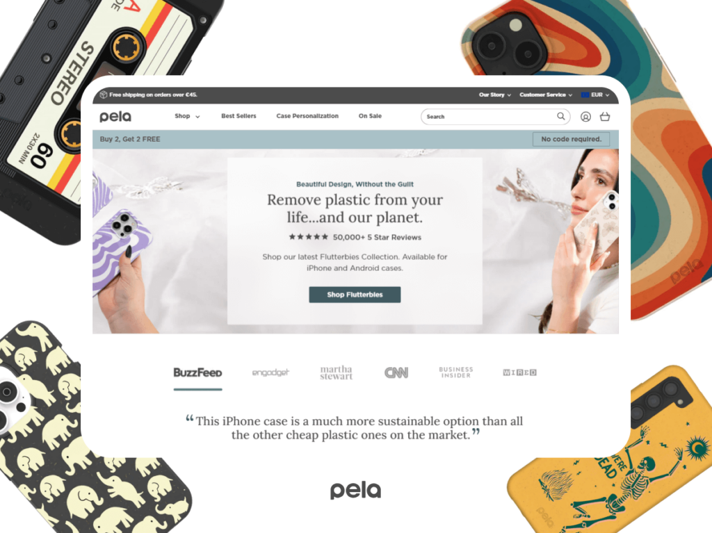 Assorted eco-friendly Pela phone cases highlighting customisation options