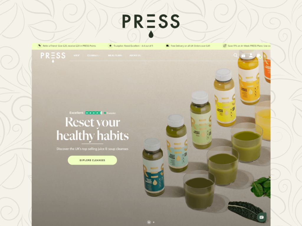 PRESS Healthfoods Shopify storefront displaying their juice cleanses