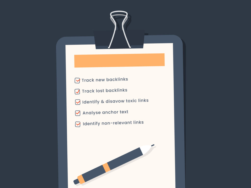An illustrated checklist for tracking SEO backlink health, including monitoring new and lost links, identifying toxic links, and analysing anchor text