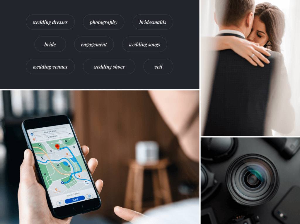 A collage showcasing SEO components like mobile optimisation and local search alongside wedding photography gear