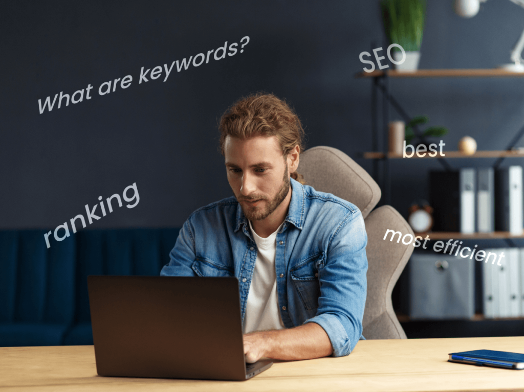 A focused individual working on a laptop with SEO-related terms like "keywords", "ranking", and "SEO" floating around, representing the process of keyword research