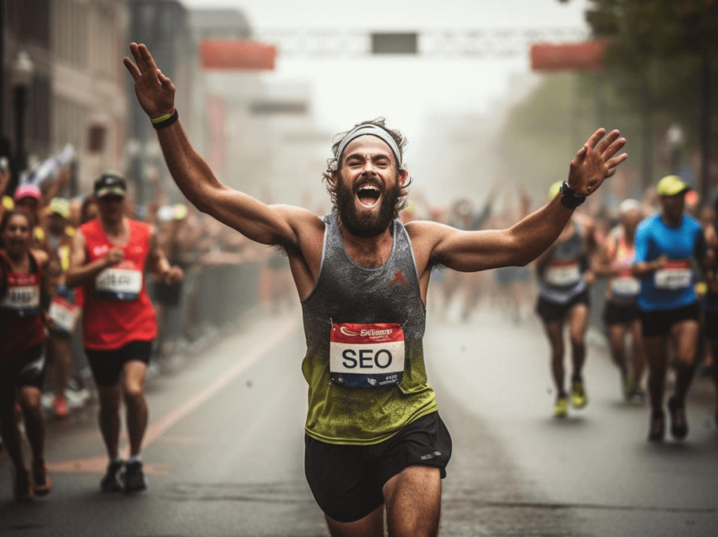 Joyful marathon runner crossing the finish line with "SEO" printed on his race bib, symbolising the triumph in SEO strategy