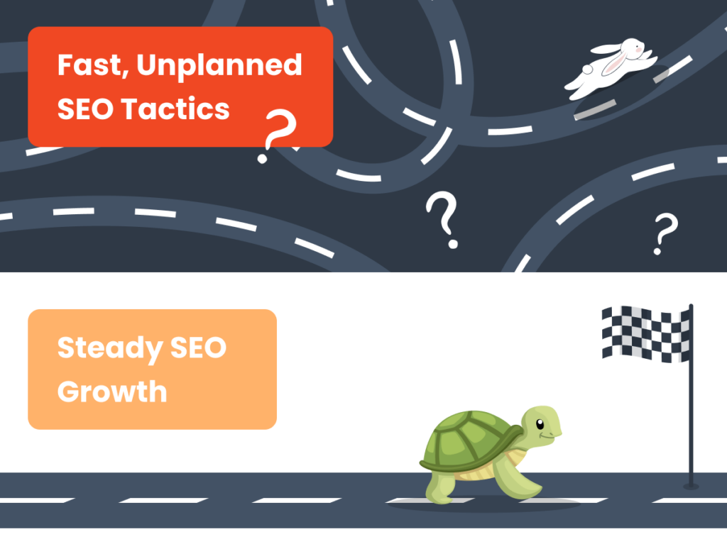 A graphic depicting a race between a hare labelled 'Fast, Unplanned SEO Tactics' and a tortoise labelled 'Steady SEO Growth,' illustrating the benefits of a consistent SEO strategy