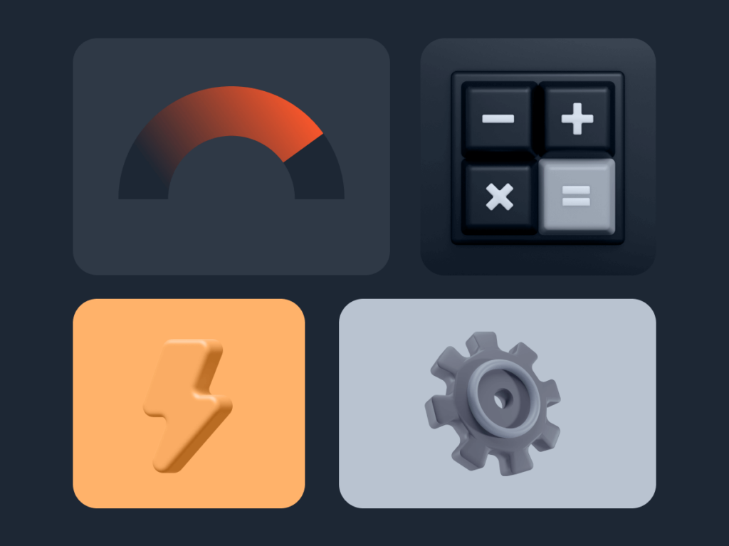 Infographic icons of speedometer, calculator, lightning bolt, and gears for accounting SEO