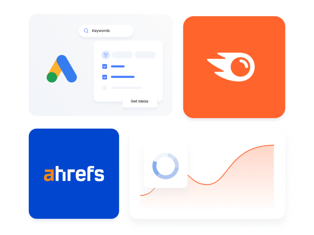 A collection of SEO tool icons including Google Keyword Planner, Semrush, and Ahrefs, representing the variety of tools available for keyword research and strategy