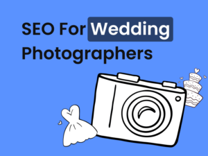 Illustration featuring a camera and wedding bands symbolising the union of wedding photography and SEO